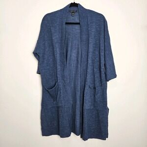 Eileen Fisher Cardigan Size XS Long Open Front Slub Knit Linen Blend Blue‎